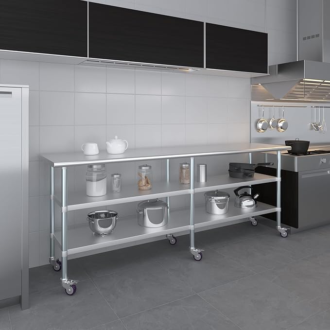 AmGood Stainless Steel Work Table with 2 Shelves and Casters | Metal Utility Table On Wheels (Stainless Steel, 96" Long x 24" Deep)