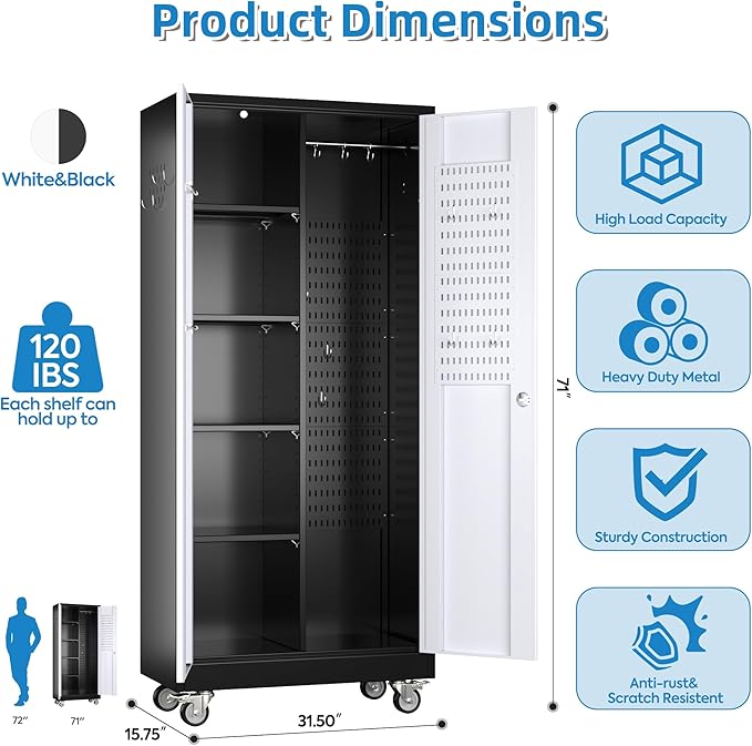 SUXXAN Broom Closet Storage Cabinet, Metal Cabinets with 13 Hooks and Hanging Rods, 71" Metal Storage Cabinet, Heavy Duty Cleaning Cabinet for Garage, Laundry Room