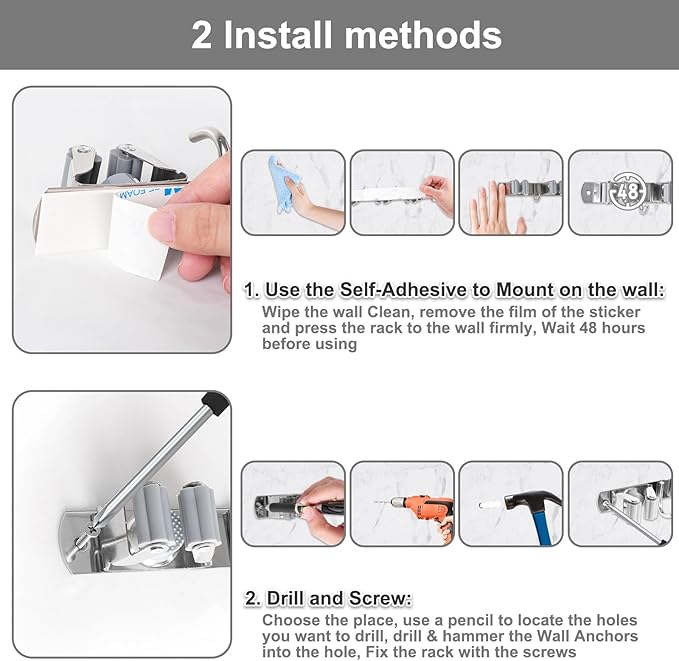 Broom Holder Wall Mount, Broom Organizer Wall Mount Stainless Steel Broom and Mop Hanger Heavy Duty Storage Organization for Home Kitchen Garden Garage Room 5 Racks 4 Hooks