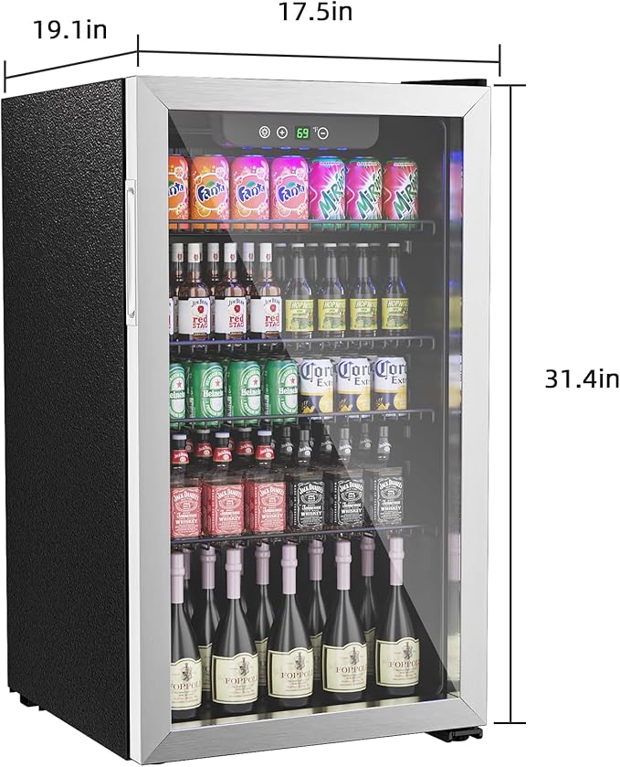 3.2 Cubic Feet Mini Fridge,126 Can Freestanding Beverage Refrigerator with Glass Front Door for Soda, Beer Under Counter Small Refrigerator with Adjustable Shelves and Digital Display(Silver)