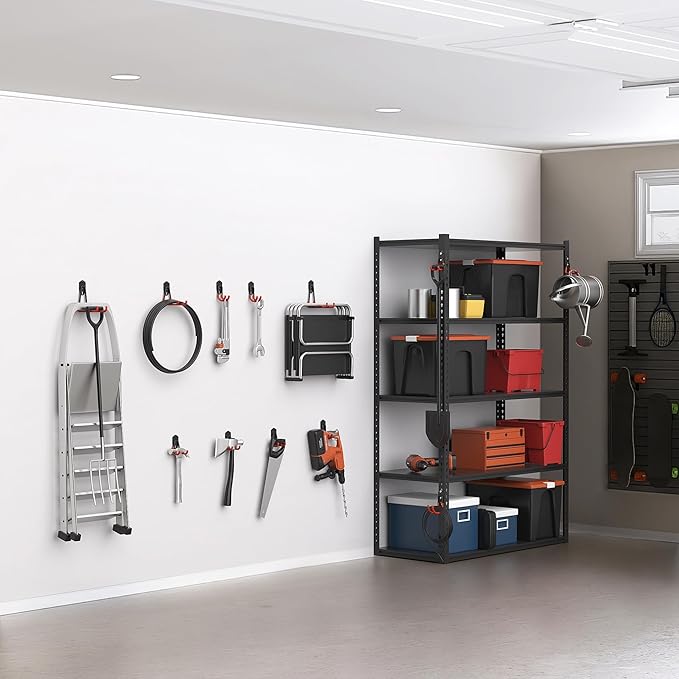 WALMANN 12 PCS Garage Storage Hooks, Wall Mount Utility Hooks for Tools, Ladders, Cords, Folding Chairs, Shovels and Rakes, Shelving Hooks for Keyhole Shelving Units