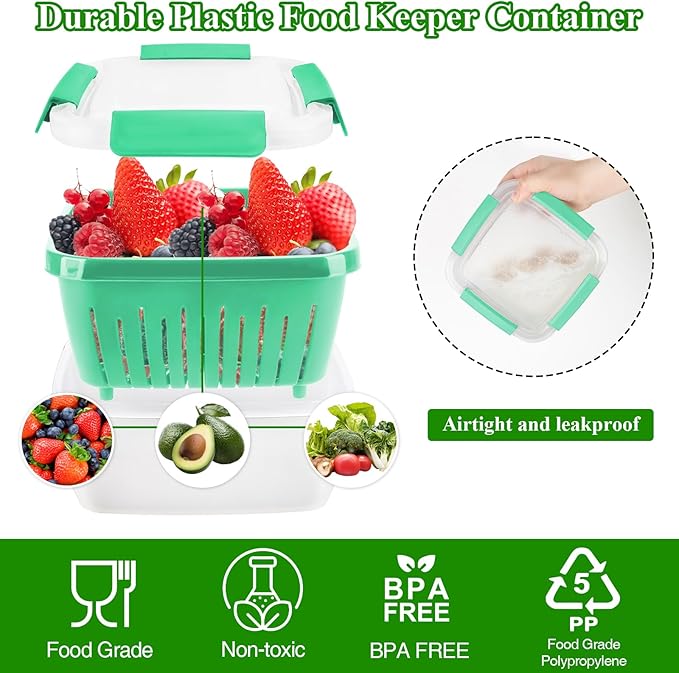 50oz Berry Keeper Fruit Storage Container for Fridge, Fresh Food Produce Saver Containers with Removable Drain Colanders, Vegetable Lettuce Keeper Bowl, Refrigerator Organizer, PRESS TO OPEN CLOSE LID
