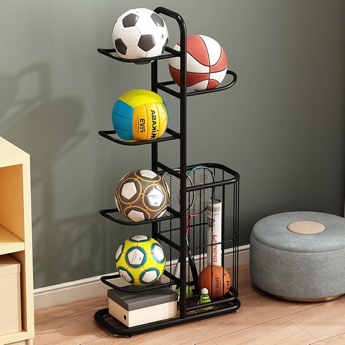 Sports Ball Storage Rack | Adjustable Vertical Stand for Basketball, Soccer, Volleyball & More | Durable Steel Organizer for Garage |5-Ball |45.7 inches, black