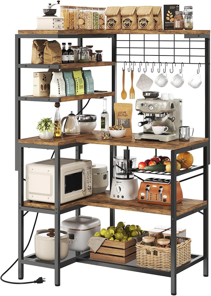 L-Shaped Bakers Rack with Power Outlet, 6-Tier Microwave Stand with Open Storage, Coffee Bar with Hooks, Mesh Grid, Kitchen Shelf with Wire Basket, Rustic Brown and Black