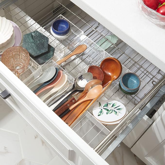 Chunful Clear Drawer Organizer 2 Pieces 6 Section Clear Desk Organizer with Dividers 3 Section Acrylic Makeup Tray Divided Drawer Inserts Sectioned Tray Makeup Storage