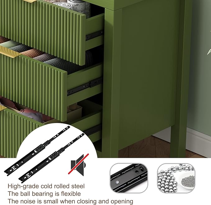 3 Drawer Dresser, Modern Wood Storage Chest of Drawers Organizer with Waveform Panel, Fluted Dresser with Wide Drawers and Golden Handles for Bedroom, Hallway, Entryway, Green