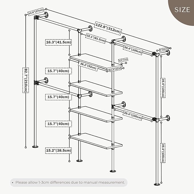 Industrial Pipe Clothing Rack, Wall Mounted Garment Hanging Rack with Shelves, 14.6x122.8x82.7 Inches, Model Y05