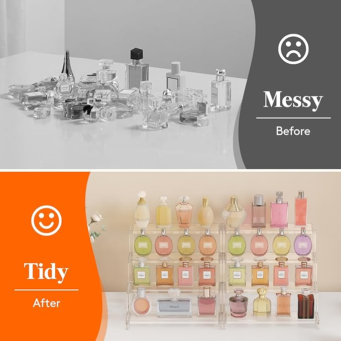 Lifewit 12 Inch Perfume Stand Organizer for Women, 4 Tier Plastic Display Riser, Tool-Free Assembly, Fragrance Makeup Cosmetics Shelf for Vanity Bedroom Bathroom Storage Organization, Clear, 2 Pcs
