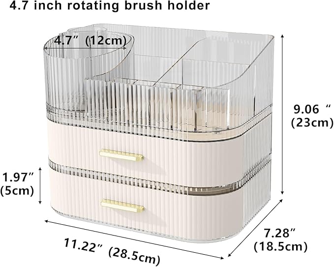 Makeup Organizer with Stackable Drawer, 360 Rotating Makeup Brush Holder, 11-inch Wide Large Cosmetic Display Case, Skincare Organizers and Storage for Vanity, Bathroom Countertop (1 Tray + 2 Drawer)
