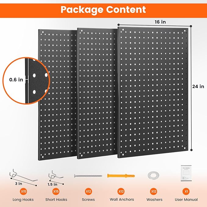 Pegboard, 3 PCS 24"×16" Metal Peg Board Panels Black Modular Wall Organizer Kit with 30 Hooks, Dual-Size Hole Design for Home Tool Storage, Garage Organization, Kitchen, Office, Craft Room