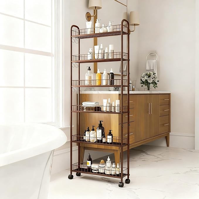 6-Tier Slim Storage Cart with Wheels, 6in Narrow Rolling Shelf,Sturdy Slim Storage Ideal for Kitchen, Bathroom, and Laundry Room,Champagne Gold