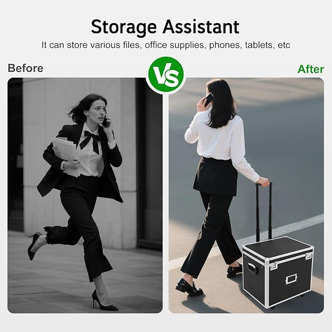 Rolling Cart for Teachers, Rolling File Cart with Hanging Folders, Portable File Box with Handle, Aluminum Alloy, Passcode Lock, Black