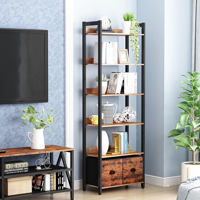 Furologee 6-Tier Bookshelf, Tall 71" Rustic Bookcase with 2 Drawers Storage Organizer, Industrial Display Free Standing Shelf Units, Wood and Metal Storage Rack for Home Office, Bedroom, Rustic Brown