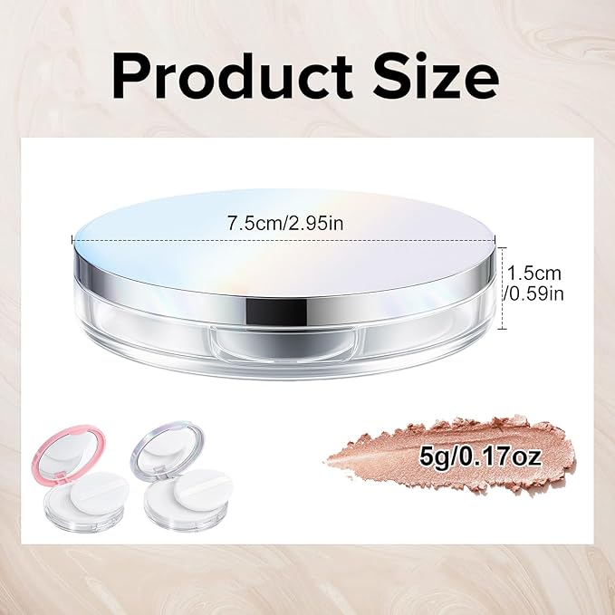 Tokusatsu 2-Pack Refillable Loose Powder Container with Puff & Mirror - 0.17 oz Travel Portable Empty Makeup Compact with Mesh for Women Girls, (Pink, Iridescent Silver)