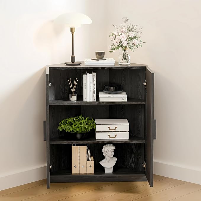 Casaphoria Farmhouse Corner Cabinet, Wooden Corner Storage Cabinet with Adjustable Shelves, Narrow Storage Organizer for Small Space, 36" H x 31" W x 16" D, 51Lb, Black