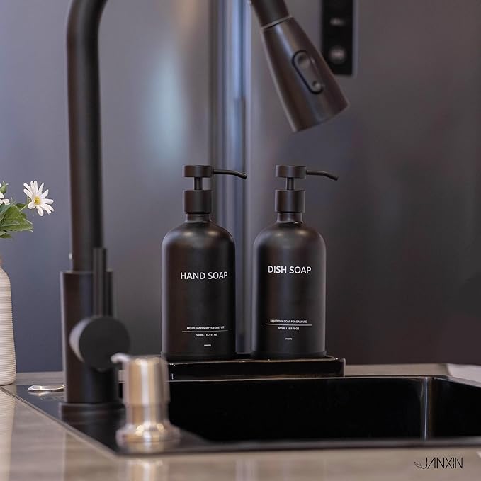 Glass Kitchen Soap Dispenser Set with Ceramic Tray,16.9 floz Hand and Dish Soap Dispenser for Kitchen and Bathroom Decor (Black Bottles +Black Pumps)