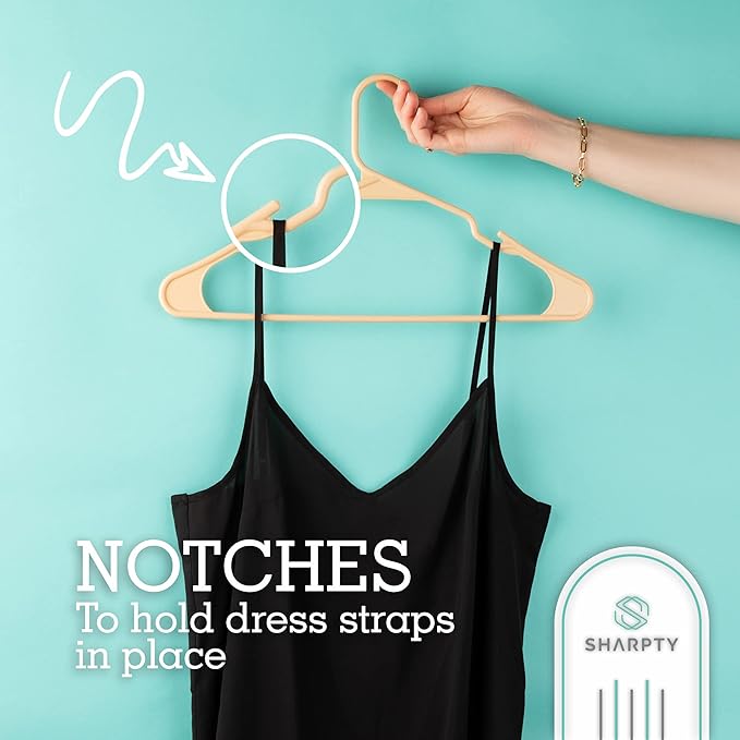 Sharpty Plastic Hangers Clothes Hangers for Clothing, Closet, Coats & Shirts - Notched, Durable, Thick, Tough & Space Saving - for Everyday Standard Use, Room Essentials & Basics - 20 Pack - Beige