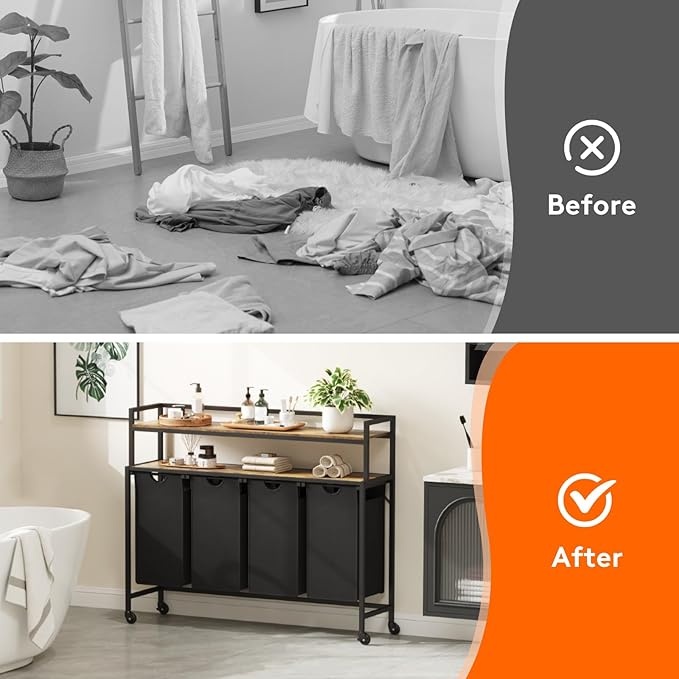 Lifewit Laundry Hamper 4 Section, 168L Pull out Laundry Clothes Basket Organizer with Large Top Shelf and 4 Removable Bags and Handles for Laundry Room Bedroom Bathroom, Black with Shelves and Wheels