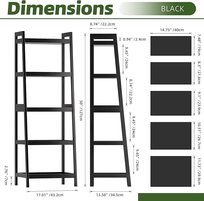 Bookshelf, 5 Tier Ladder Bookcase with Bamboo Frame, Freestanding Tall Narrow Display Plant Shelf for Living Room, Kitchen, Bedroom, Balcony, Black