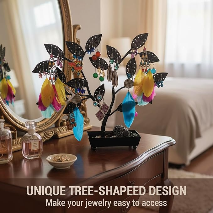 MyGift Jewelry Tree w/Bird Nest 48 pair Earrings Holder, Bracelets/Necklace Organizer Stand (Black Metal)