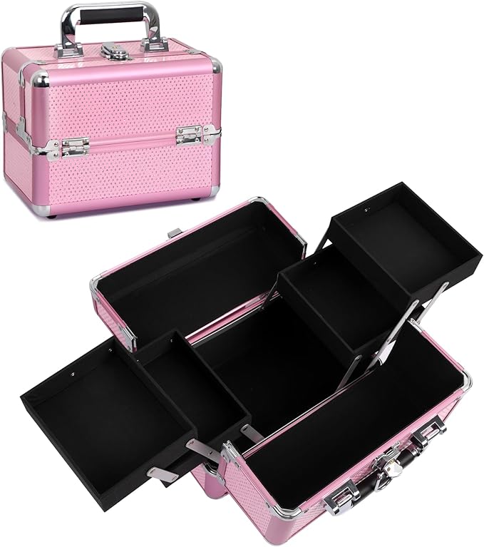 Makeup Train Case Cosmetic Organizer Case Makeup Box Portable Make Up Artist Travel Case with 4 Trays Dividers Lockable Hard Train Case Nail Tech Supply Storage - Crystal Pink