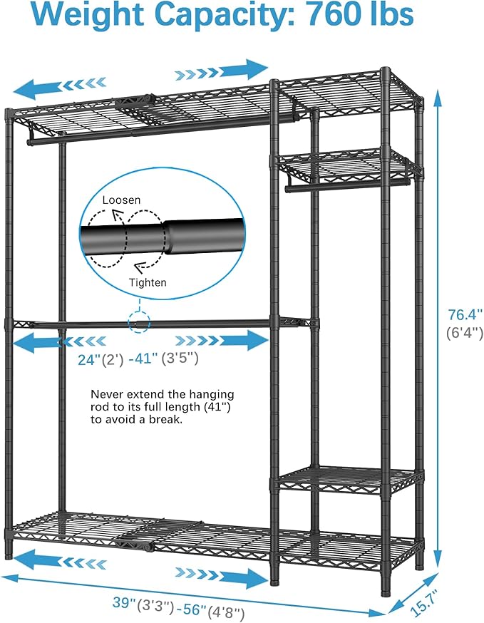 VIPEK X20 Expandable Metal Clothing Rack Adjustable from 3'3" to 4'8" Heavy Duty Garment Racks with Adjustable Shelves and Hanger Rods Portable Wardrobe Open Closet Rack System, Black