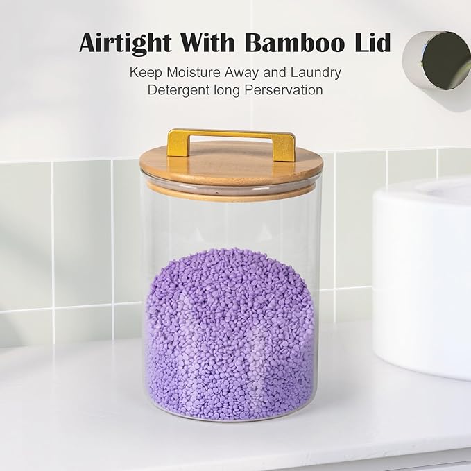 Glass Jars For Laundry Room Organization and Storage, 2 Pack -0.9 Gallon Laundry Detergent Containers for Scent Beads, Powder,Pods With Lids, 5 Labels, 2 Scoops，1 Acrylic Dryer Sheet Holder Included