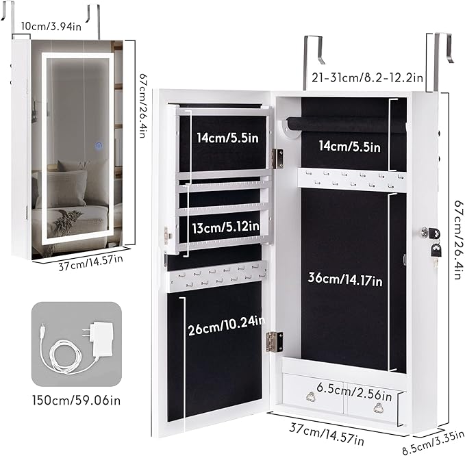 LAVIEVERT Jewelry Armoire with LED Lighted Mirror, Wall/Door Mounted Frameless Mirror with 3 Color Lights, Lockable Jewelry Cabinet Hanging Jewelry Organizer with 2 Drawers - White