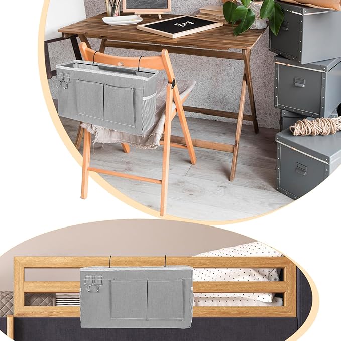 2 Pcs Bedside Caddy Storage Organizer/Bedside Storage Bag - Hanging Bag Holder with Pockets for Bunk and Hospital Beds, Dorm Rooms Bed Rails, Can be Placed Glasses, Books, Mobile Phones, Keys (Gray)