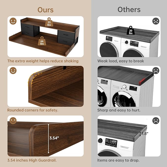 4 Drawers Washer Dryer Countertop with Shelf, 27.5" D x 54" W Laundry Topper with 3.54" High Guardrails and Non-Slip Pads,Extra Storage Organizer for Over Washer and Dryer, Holds 66 Lbs,Dark Walnut