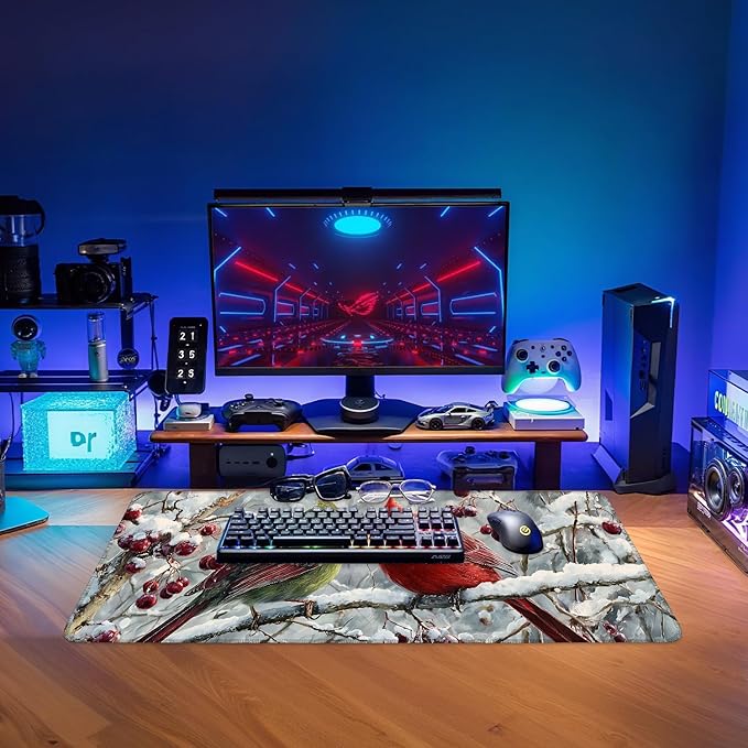 Winter Cardinal Bird Gaming Mouse Pad 31.5"x11.8"Desk Mat Anti-Slip Rubber Base & Durable Stitched Edges for Gamers Smooth Mouse Writing Surface for Desk Office/Home