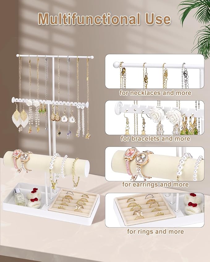 Cirhy Jewlery Holder Necklace Stand, Adjustable Necklace Holder with Velvet Ring Tray, Jewelry Display Rack for Hanging Necklaces, Bracelets, and Earrings, Gifts for Her (White)