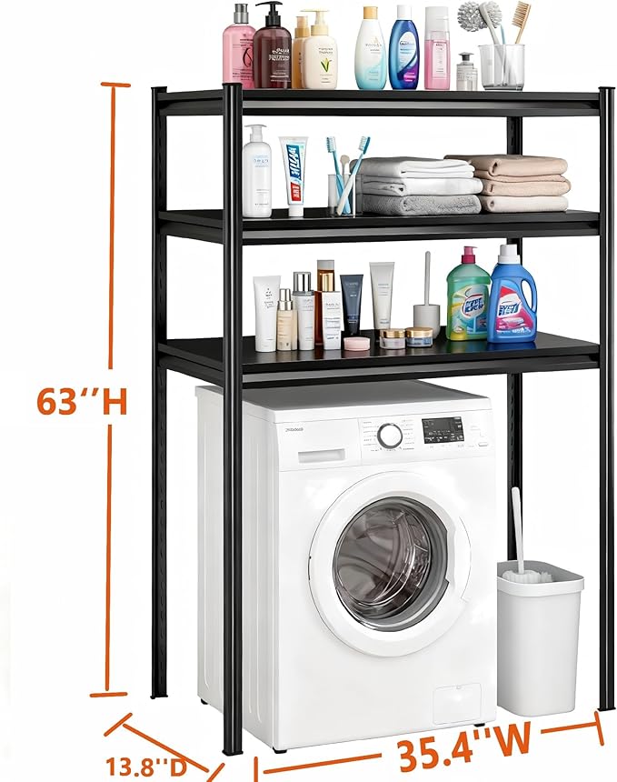 Height-Adjustable Bathroom & Laundry Storage Shelf, 3-Tier Metal Organizer Rack for Washer Dryer, Sturdy Shelving Unit for Bathroom Essentials, 63 x 35.4 x 13.8 Inches