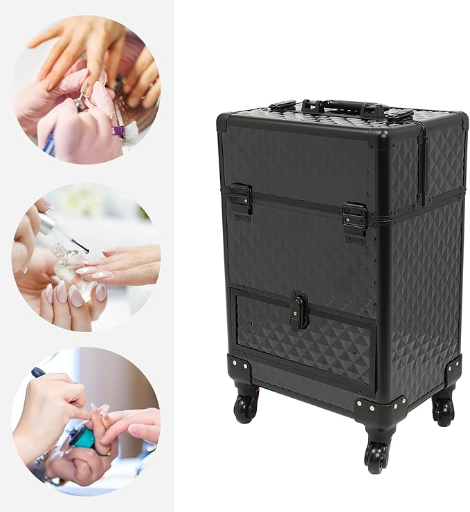 Professional Rolling Makeup Train Case with Lock, 7 Compartments 44lbs Capacity Rolling Nail Case Adjustable Organizer for Makeup Artists, Hairstylists, Pet Groomers (Black)