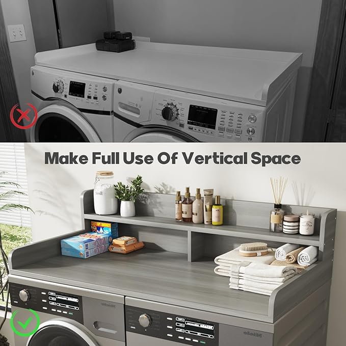 2-Tier Washer And Dryer Countertop With 2.75"H Guard,54"W x 27.5"D Laundry Countertop Cover With Non-Slip Pad,Large Space Laundry Topper For Folding Clothes Over Washer And Dryer-Stripe Gray
