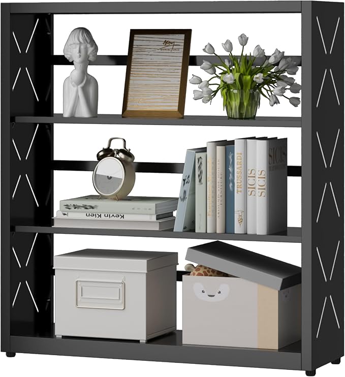 3 Tier Bookcase,Industrial Bookshelf,34" Black Metal Wide Bookshelf with Adjustable Feet and Adjustable Shelves,Home Office Bookcase Shelf Storage Organizer for Living Room、Kitchen
