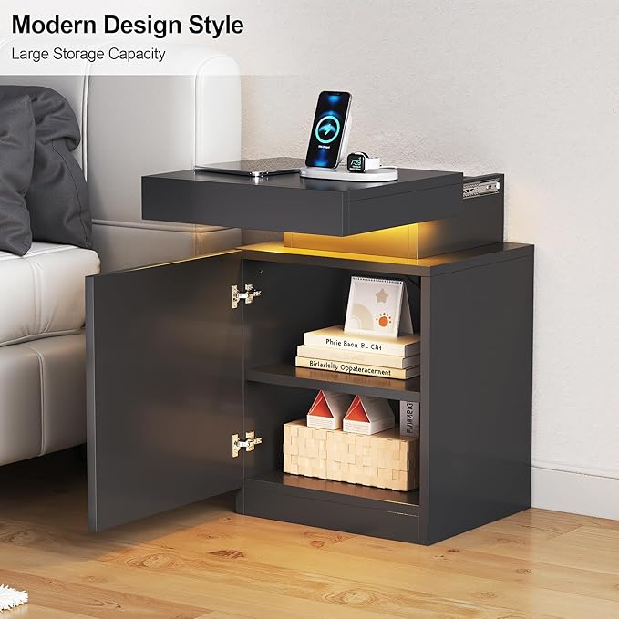 MXV LED Nightstand with Charging Station, Black Bedside Tables with Sliding Top, Storage Cabinet & Drawers for Bedroom, Modern End Tables for Bedroom Living Room (Black) (1)