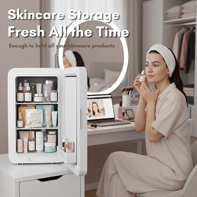13L/22L Mini Fridge for Bedroom, Non-condensing Small Skincare Fridge, 110V/12V Portable Refrigerator Cooler & Warmer for Drinks, Food, Beauty, Makeup, Dorm, Car, Office