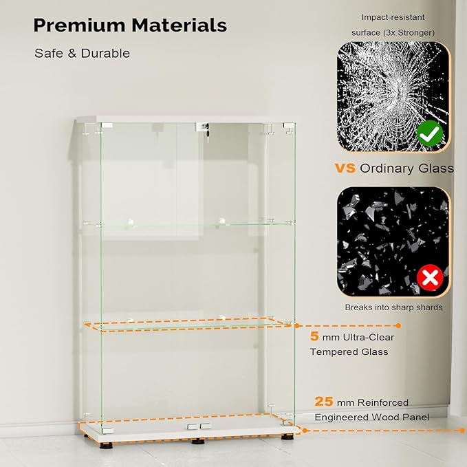 VINGLI Glass Display Cabinet with 3 Shelves, Double Doors and Lock, Floor Standing Curio Cabinets with LED Light, Upgraded Tempered Glass Bookshelf, for Living Room Living Room Bedroom Office, White