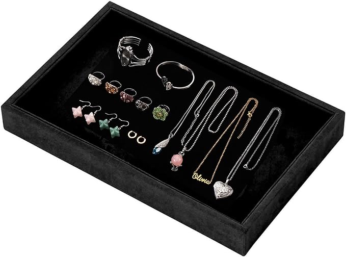 Mornajina 9" x 5.7" Velvet Jewelry Tray Jewelry Display Tray, Stackable Empty Plate Trays for Earrings Necklaces Bracelet Rings Display Showcase - Black