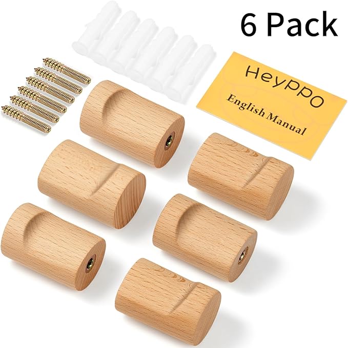 Wooden Wall Hooks 6 Pack, Modern Decorative Coat Hook Wall-Mount, Handmade Rustic Hat Hooks, Entryway Wall Hangers for Hanging Coats Hats Backpack, Bathroom Wood Towel Rack (Natural)