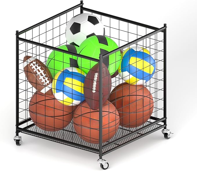 Ball Storage - Basketball Cart With Wheels Garage Volleyball Storage Sport Equipment Holder Organizer For Indoor Outdoor,Metal Storage Rack For Playgroup,Gym And School
