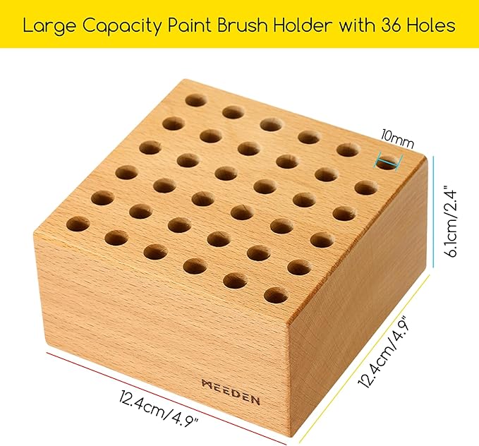 MEEDEN Beechwood Pencil and Brush Holder: 36 Holes Paint Brush Storage Organizer & Holder Rack - Wooden Block Pencil Holder for Paintbrushes, Pens and Art Tools - Paint Brush Holder Display Stand