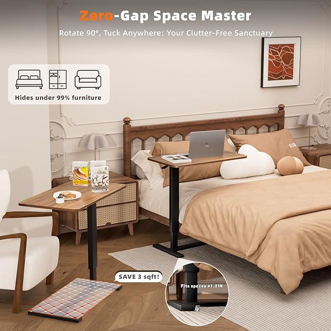Overbed Bedside Table with Wheels, Adjustable Hospital Over Bed Table, Rolling Laptop Table, Medical Bed Side Table