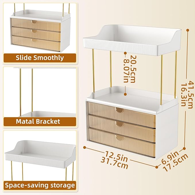 5 Tier 3 Drawers Makeup Organizer, 2 Set Bathroom Organizers and Storage,Cosmetic Storage Drawer for Dresser Countertop and Bathroom Vanity for Large Skincare, Perfume, Amber