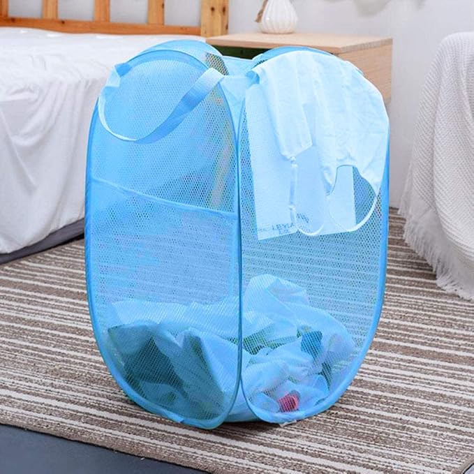 Larpur Pack of 2 Pop up Laundry Hampers, Collapsible Laundry Baskets, Portable Mesh Clothes Hampers for Kids Room, College Dorm, Bathroom, Foldable Hamper with Carry Handles, Sky Blue