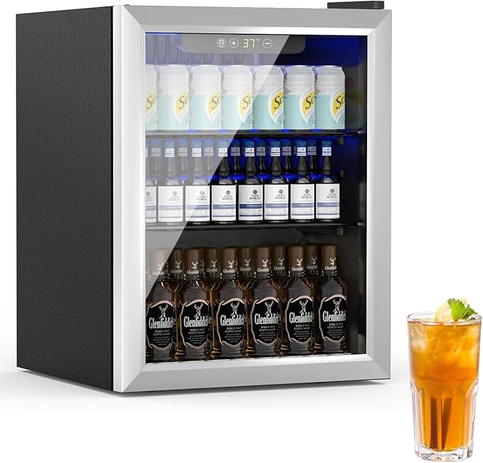 Beverage Refrigerator and Cooler, 76 Can/1.7 Cu Ft Mini Fridge with Glass Door, Adjustable Shelves for Soda,Beer,Wine, Free Standing Small Refrigerator, Digital Display, for Home, Bar, Office