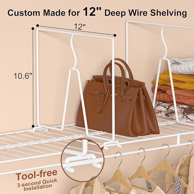 Wire Shelf Dividers for Closet: Tall 12 Pack 12-Inch Deep Adjustable Organizer for Shelves,Metal Rack Separator for Clothes, Purses & Bags，No Tool