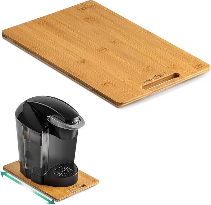 Bamboo Appliance Slider, Sliding Tray for Coffee Maker, Kitchen Countertop Appliance Rolling Tray, Coffee Pot Slider Tray with Rubber Wheels, Deep - Medium (14.5"D x 9.5"W)