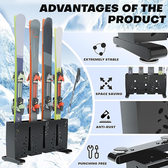 Ski Storage Rack for Garage, 4 Pair Heavy Duty Steel Freestanding Ski Storage Organizer, Indoor Ski Holder Racks for Home and Garage Storage
